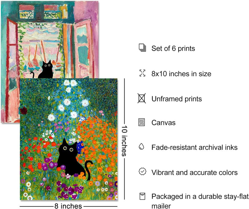 Funny Black Cat Wall Art Prints Set of 6 Canvas Artwork Cat Lover Posters Gift Cute Room Aesthetic Vintage Floral Matisse Monet Van Gogh for Living Room Bathroom Bedroom Decor (8"X10" UNFRAMED) Home & Garden > Decor > Artwork > Posters, Prints, & Visual Artwork Roslynity   