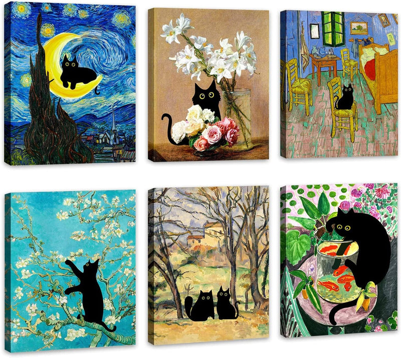 Funny Black Cat Wall Art Prints Set of 6 Canvas Artwork Cat Lover Posters Gift Cute Room Aesthetic Vintage Floral Matisse Monet Van Gogh for Living Room Bathroom Bedroom Decor (8"X10" UNFRAMED) Home & Garden > Decor > Artwork > Posters, Prints, & Visual Artwork Roslynity Artist 04 8"x10"x6PCS FRAMED 
