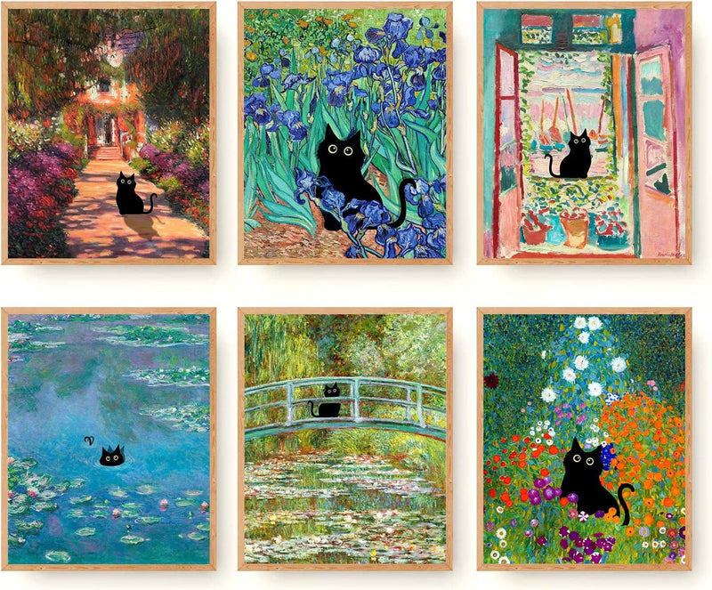 Funny Black Cat Wall Art Prints Set of 6 Canvas Artwork Cat Lover Posters Gift Cute Room Aesthetic Vintage Floral Matisse Monet Van Gogh for Living Room Bathroom Bedroom Decor (8"X10" UNFRAMED) Home & Garden > Decor > Artwork > Posters, Prints, & Visual Artwork Roslynity Artist 03 8"x10" UNFRAMED 