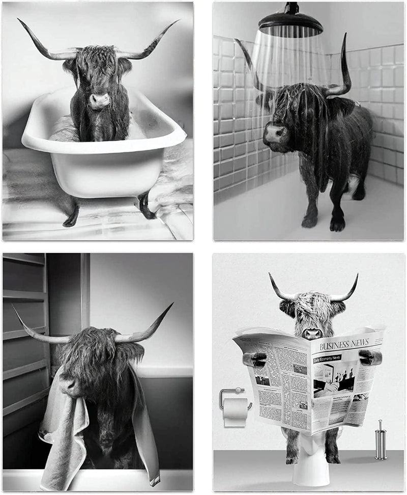Funny Highland Cow Bathroom Wall Art Prints, Vintage Black and White Rustic Style Cute Bathroom Cow Canvas Art Poster for Bathroom Restroom Decoration, Farmhouse Wall Decor, Set of 4(8"X10" Unframed) Home & Garden > Decor > Artwork > Posters, Prints, & Visual Artwork NIIORTY   