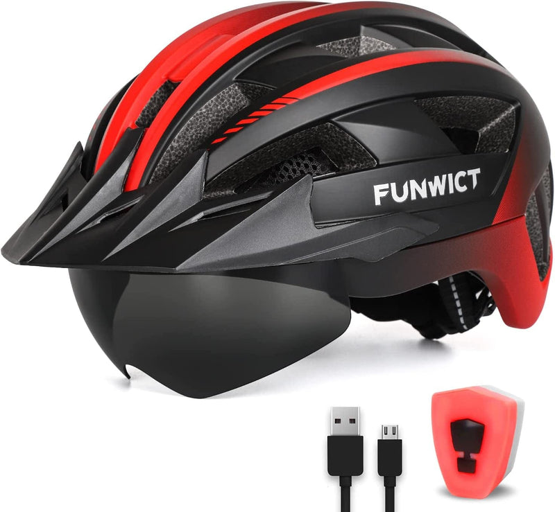 FUNWICT Adult Bike Helmet with Visor and Goggles for Men Women Mountain Road Bicycle Helmet Rechargeable Rear Light Cycling Helmet Sporting Goods > Outdoor Recreation > Cycling > Cycling Apparel & Accessories > Bicycle Helmets FUNWICT MixBlack L: 57-61 cm (22.4-24 inches) 