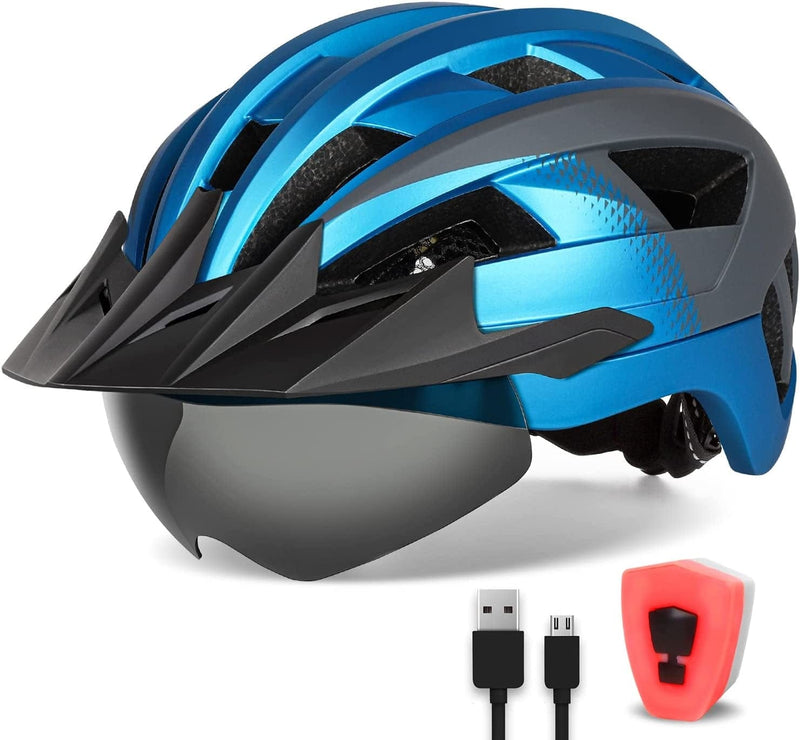 FUNWICT Adult Bike Helmet with Visor and Goggles for Men Women Mountain Road Bicycle Helmet Rechargeable Rear Light Cycling Helmet Sporting Goods > Outdoor Recreation > Cycling > Cycling Apparel & Accessories > Bicycle Helmets FUNWICT Blue Grey M: 54-58 cm (21.3-22.8 inches) 