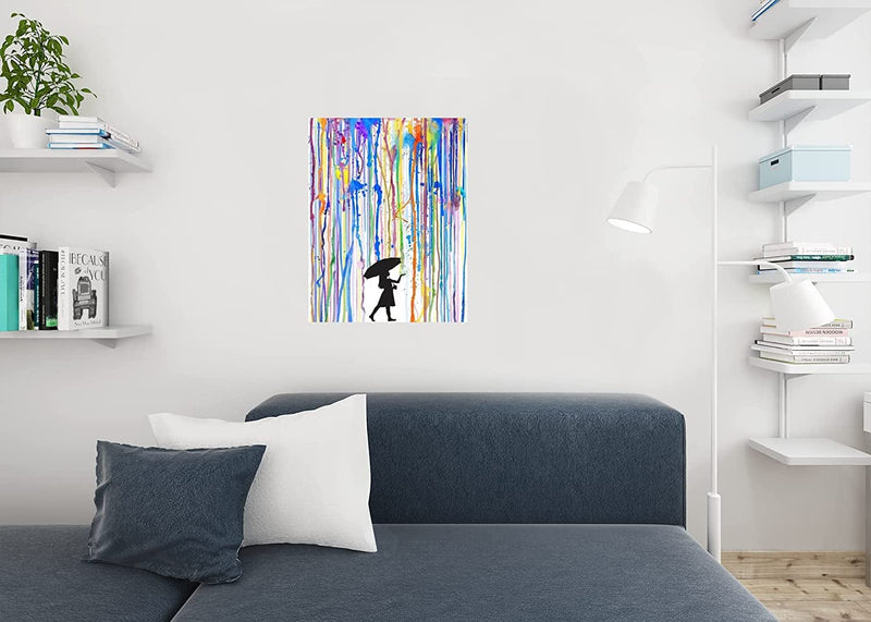 Girl with Umbrella Colorful Rainbow Rain Poster Black Silhouette Walking Abstract Watercolor Painting Cool Wall Decor Art Print Poster 24X36