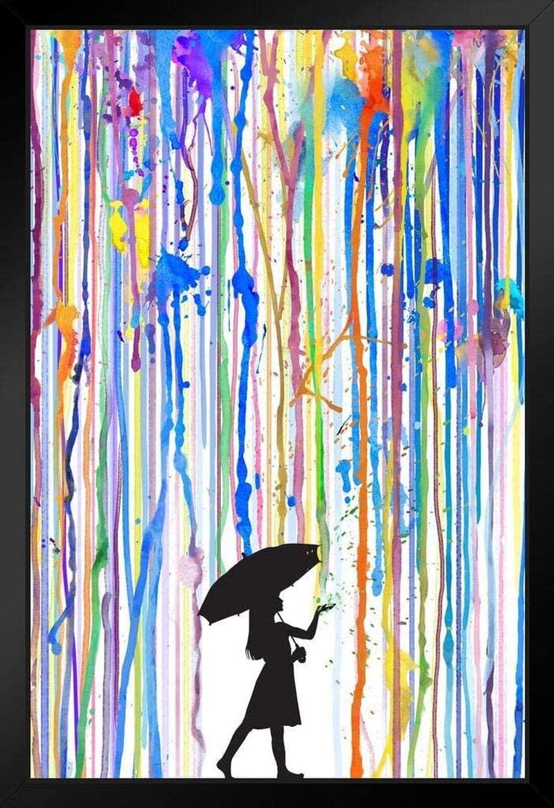 Girl with Umbrella Colorful Rainbow Rain Poster Black Silhouette Walking Abstract Watercolor Painting Cool Wall Decor Art Print Poster 24X36 Home & Garden > Decor > Artwork > Posters, Prints, & Visual Artwork Poster Foundry Framed Art 8x12 