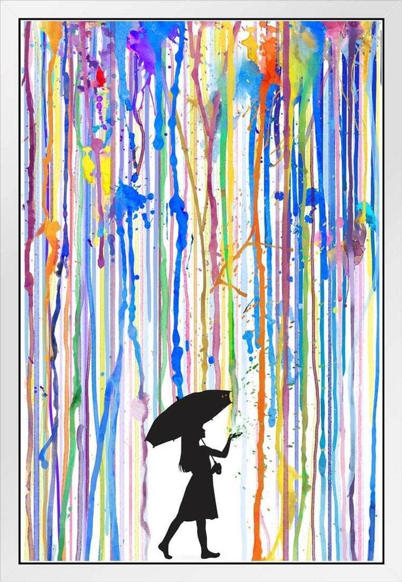 Girl with Umbrella Colorful Rainbow Rain Poster Black Silhouette Walking Abstract Watercolor Painting Cool Wall Decor Art Print Poster 24X36 Home & Garden > Decor > Artwork > Posters, Prints, & Visual Artwork Poster Foundry White Framed Art 12x18 