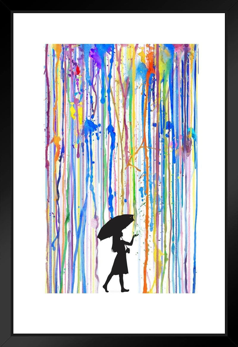 Girl with Umbrella Colorful Rainbow Rain Poster Black Silhouette Walking Abstract Watercolor Painting Cool Wall Decor Art Print Poster 24X36 Home & Garden > Decor > Artwork > Posters, Prints, & Visual Artwork Poster Foundry Framed Art 20x26 