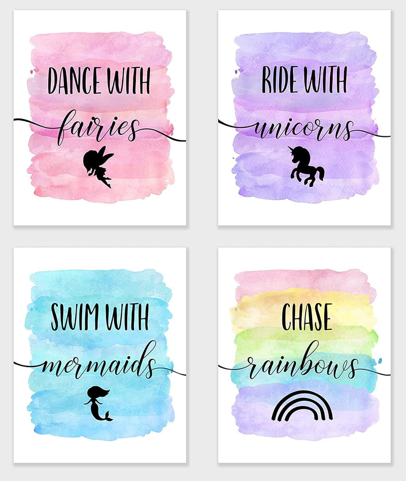 Girls Room Decor Posters - Unframed Set of 4 Watercolor Prints, 8X10 Inch, Inspirational Children’S Wall Art for Modern Girls Bedroom Playroom Nursery Wall Decor Artwork for Tween Girl and Kids