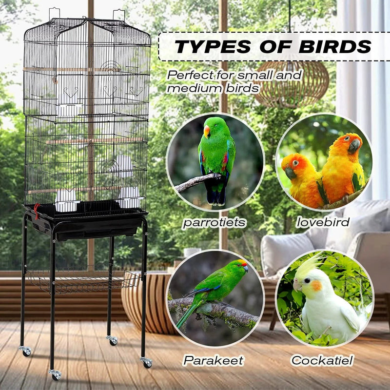 HCY Bird Cage Parakeet 64 Inch Open Top Standing Parrot Accessories with Rolling Stand for Medium Small Cockatiel Canary Conure Finches Budgie Lovebirds Pet Storage Shelf, Black, 64X13X17 (Pack of 1) Animals & Pet Supplies > Pet Supplies > Bird Supplies > Bird Cages & Stands HCY   