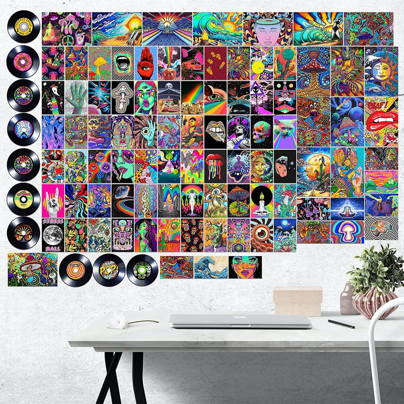 HODYUN 100PCS Wall Collage Kit Indie Aesthetic Pictures Posters Records Artificial Vines, Hippie Trippy Wall Collage Kit for Prints Pictures, Wall Art Print for Room, Dorm Photo Display, VSCO Poster for Bedroom Home & Garden > Decor > Artwork > Posters, Prints, & Visual Artwork HODYUN   