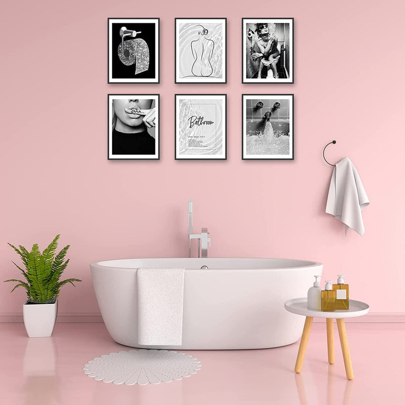 Hoozgee Fashion Wall Art Prints Minimalist Bathroom Decor Black White Grey Glam Glitter Tissue Canvas Posters Pictures Photos Artwork Black and White Line Art Funny Bathroom (8"X10" UNFRAMED)