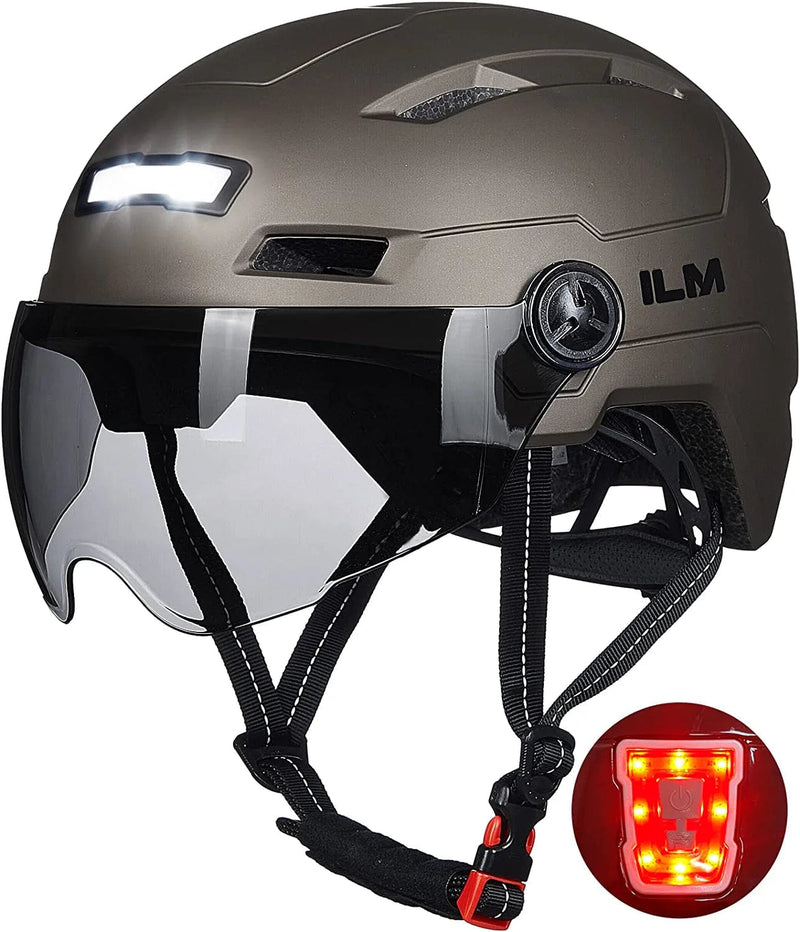 ILM Adult Bike Helmet with USB Rechargeable LED Front and Back Light Mountain&Road Bicycle Helmets for Men Women Removable Goggle Cycling Helmet for Commuter Urban Scooter(Titanium, Large/X-Large) Sporting Goods > Outdoor Recreation > Cycling > Cycling Apparel & Accessories > Bicycle Helmets ILM Titanium Small/Medium 
