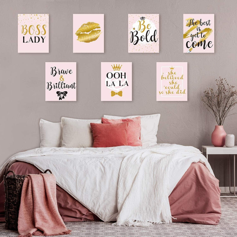Inspiration Wall Decor, 9 Pieces Bedroom Decor for Women, Pink and Gold Makeup Lash Lips Wall Art Poster, Motivational Quotes Fashion Prints for Women Bathroom Home Decor, 8 X 10 Inch, Unframed
