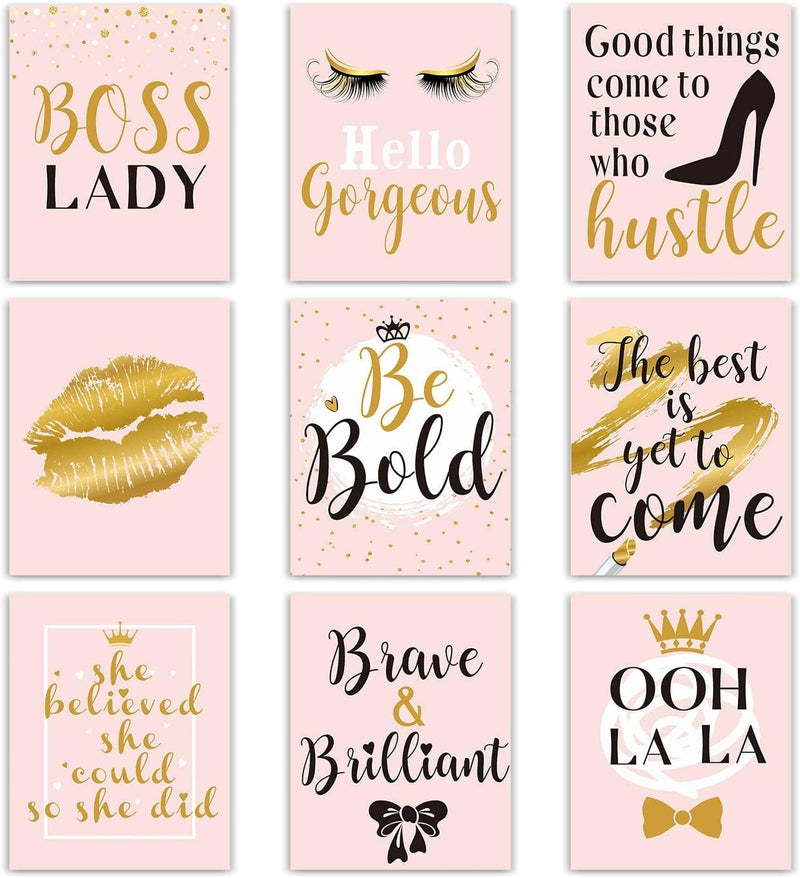 Inspiration Wall Decor, 9 Pieces Bedroom Decor for Women, Pink and Gold Makeup Lash Lips Wall Art Poster, Motivational Quotes Fashion Prints for Women Bathroom Home Decor, 8 X 10 Inch, Unframed