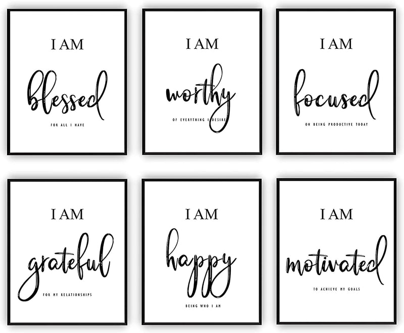 Inspirational Wall Art - Motivational Wall Art - Office & Bedroom Wall Decor - Positive Quotes & Sayings - Daily Affirmations for Men, Women & Kids - Black & White Poster Prints (8X10, Set of 6, No Frame)