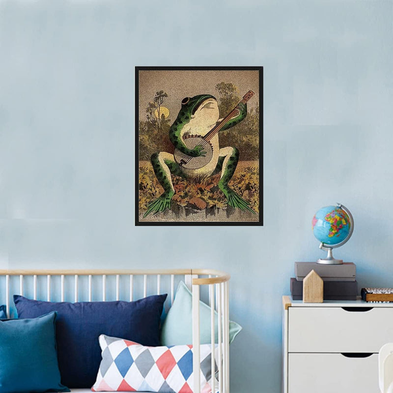 KIHOARL Frog Canvas Wall Art Vintage Frog Playing Banjo in the Moonlight Frog Wall Decor Painting Print Posters for Living Room Bedroom Bathroom Home Decor(Unframed,16X20 Inches) Home & Garden > Decor > Artwork > Posters, Prints, & Visual Artwork KIHOARL   