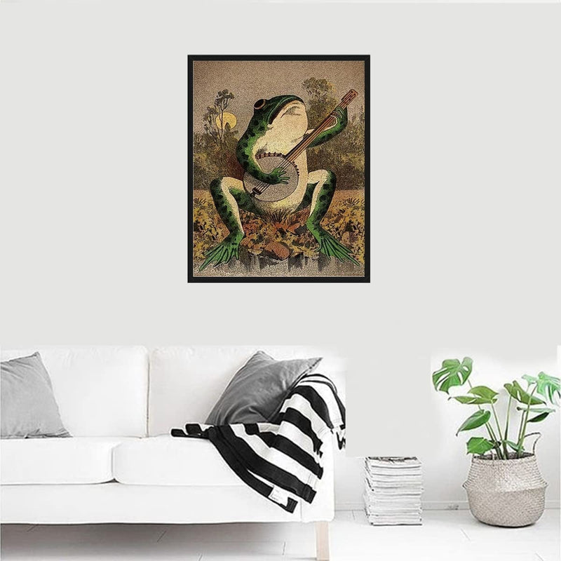 KIHOARL Frog Canvas Wall Art Vintage Frog Playing Banjo in the Moonlight Frog Wall Decor Painting Print Posters for Living Room Bedroom Bathroom Home Decor(Unframed,16X20 Inches) Home & Garden > Decor > Artwork > Posters, Prints, & Visual Artwork KIHOARL   