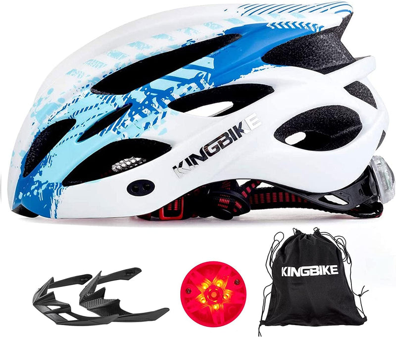 KINGBIKE Light Comfortable Adults Youth Bike Helmet with LED Safety Rear Light+ Detachable Visor, Helmet Storage Backpack for Children Men Women Youth Sporting Goods > Outdoor Recreation > Cycling > Cycling Apparel & Accessories > Bicycle Helmets KINGBIKE White&Blue M(54-59CM) 