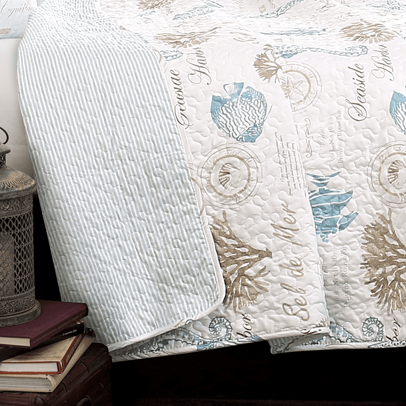 Lush Decor 7 Piece Harbor Life Quilt Set, King, Blue and Taupe