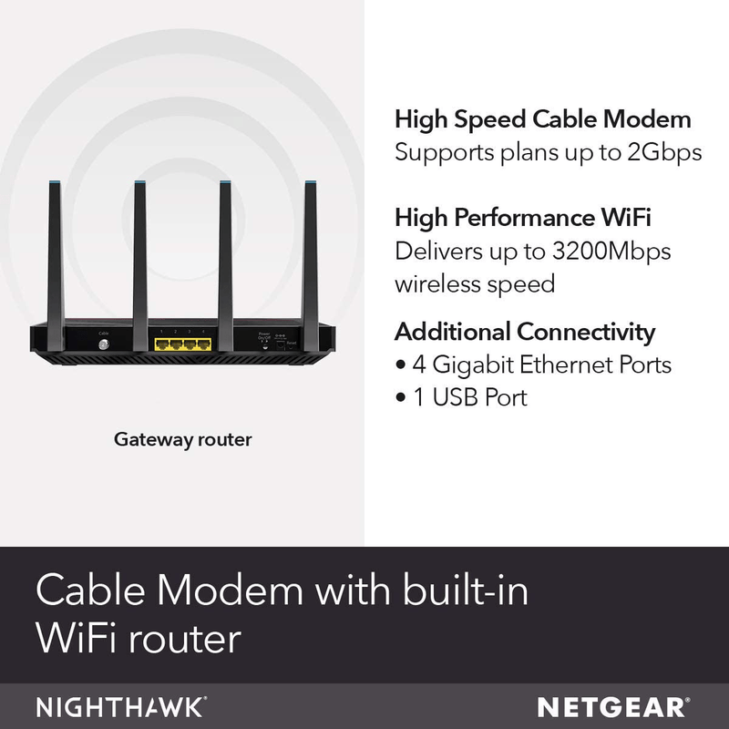 NETGEAR Nighthawk Cable Modem WiFi Router Combo (C7800) - Compatible with Cable Providers Including Xfinity by Comcast, Cox, Spectrum | Cable Plans Up to 2 Gigabits | AC3200 WiFi Speed | DOCSIS 3.1 Electronics > Networking > Modems ‎Netgear   