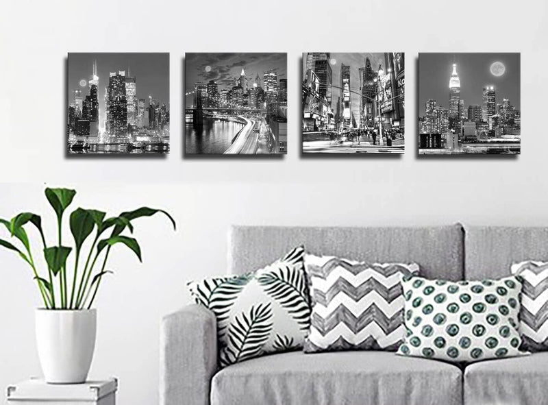 New York Wall Art Black and White Wall Art Canvas Wall Art Print Black and White Brooklyn Bridge,Empire State Building New York Poster Wall Art Modern Artwork for Office Home Decor 14X 14Inch X 4 Home & Garden > Decor > Artwork > Posters, Prints, & Visual Artwork LUDEYI   