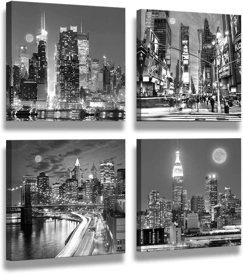 New York Wall Art Black and White Wall Art Canvas Wall Art Print Black and White Brooklyn Bridge,Empire State Building New York Poster Wall Art Modern Artwork for Office Home Decor 14X 14Inch X 4 Home & Garden > Decor > Artwork > Posters, Prints, & Visual Artwork LUDEYI City Night view Black and white Art 14"x14"x 4 panels 