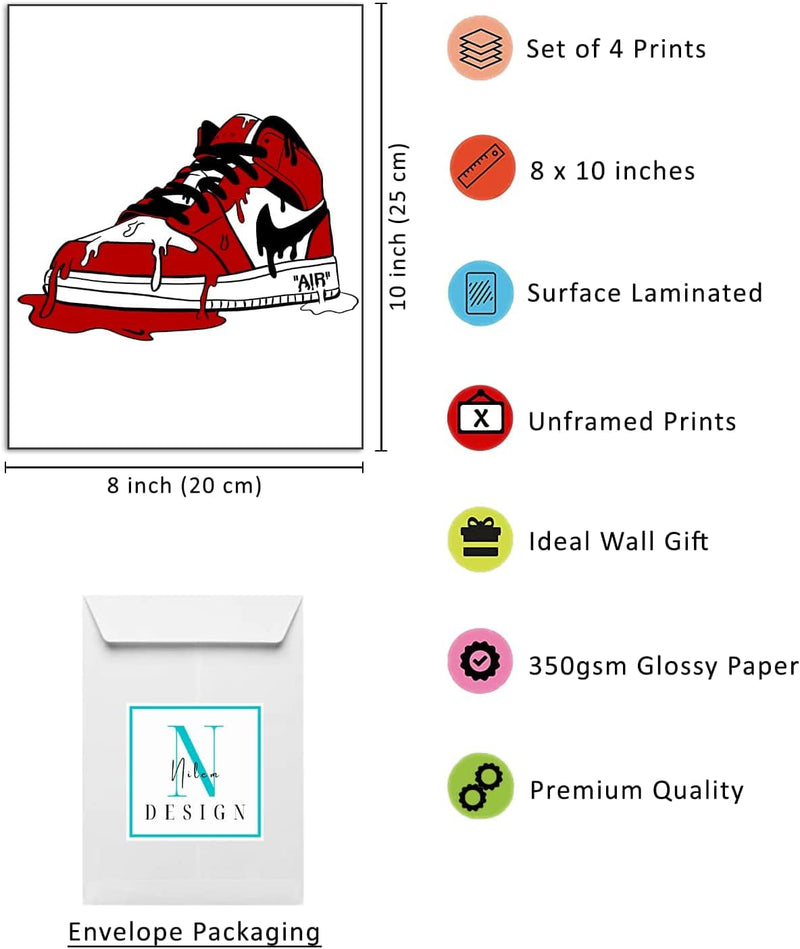 Nilem Design Sneaker Poster Hypebeast Room Decor Shoes Prints Set of 4 Unframed (8''X10'') Sneakerhead Poster Aesthetic Cool Poster for Teen Boys Guys Men Room Dorm Bedroom Wall Art Decor
