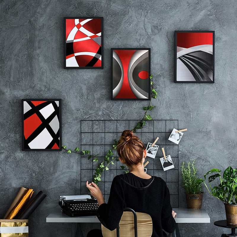 Outus 4 Pieces Red Stripes Poster Prints Unframed Abstract Wall Art Modern Abstract Wall Art Abstract Art Prints Black Silver Red Art Posters for Wall Home Decoration, 8 X 10 Inch