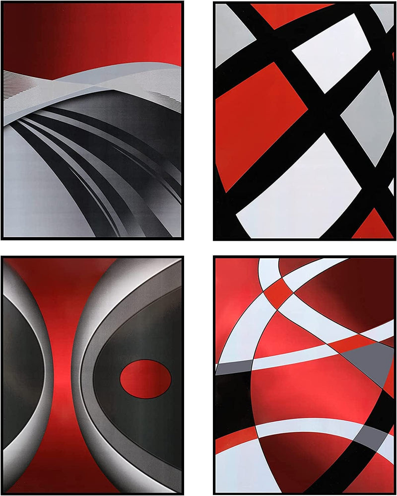 Outus 4 Pieces Red Stripes Poster Prints Unframed Abstract Wall Art Modern Abstract Wall Art Abstract Art Prints Black Silver Red Art Posters for Wall Home Decoration, 8 X 10 Inch