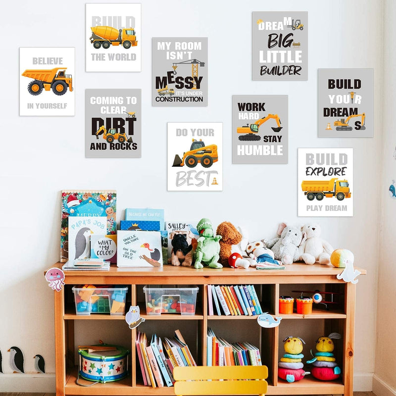 Outus Set of 9 Construction Trucks Inspirational Quote Art Print Transport Vehicle Motivational Phrases Wall Art Poster Nursery or Kids Room Decoration Unframed, 8 X 10 Inch