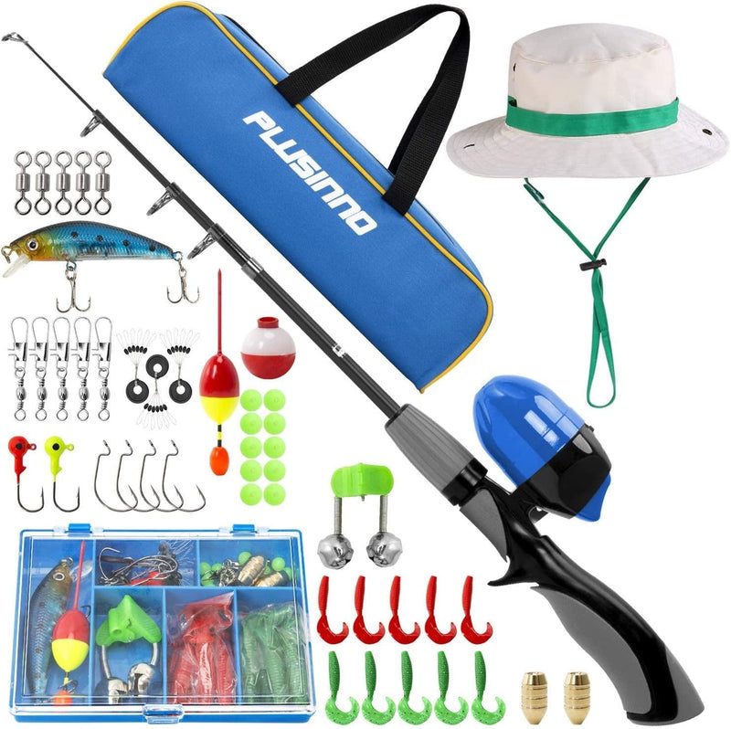PLUSINNO Kids Fishing Pole,Ice Telescopic Fishing Rod and Reel Full Kits, Spincast Youth Fishing Pole Fishing Gear for Kids, Boys Sporting Goods > Outdoor Recreation > Fishing > Fishing Rods PLUSINNO Grey Handle with Bag&Hat 150CM 59.05IN 