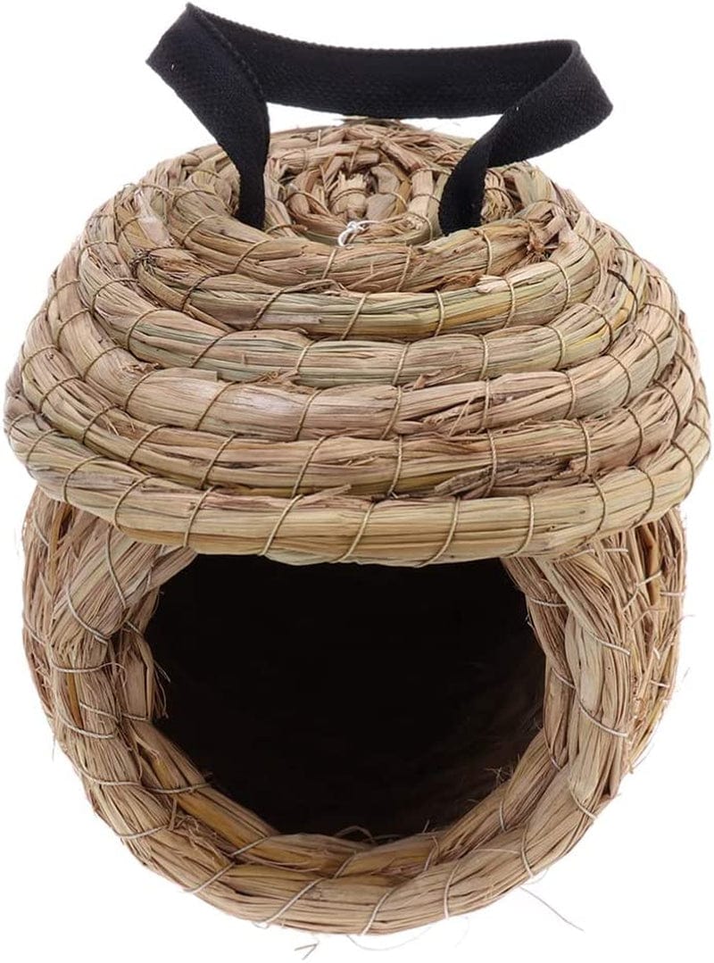 POPETPOP Birdcage Straw Hanging Bird Nest - Handwoven Simulation Birdhouse Shelter - Natural Grass Bird Hut - Bird House for Parakeets Parrots Canary - Bird Cage Accessories - Size S