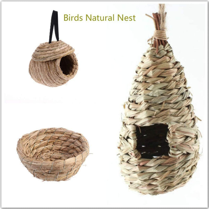 POPETPOP Birdcage Straw Hanging Bird Nest - Handwoven Simulation Birdhouse Shelter - Natural Grass Bird Hut - Bird House for Parakeets Parrots Canary - Bird Cage Accessories - Size S