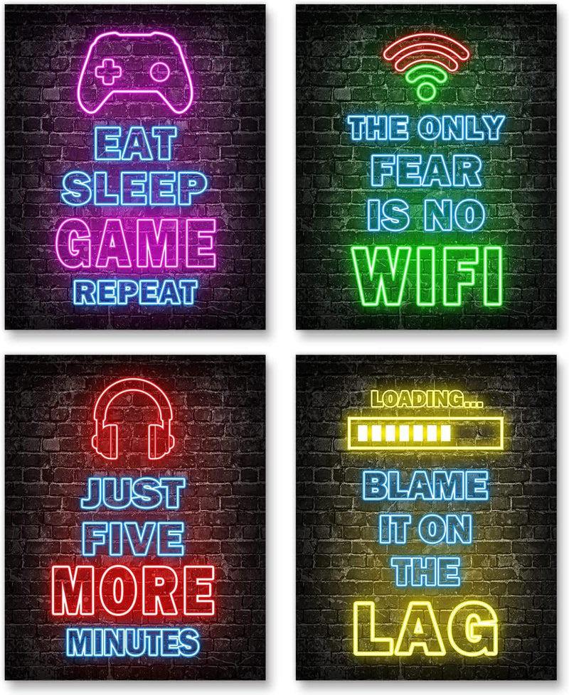 Printed Neon Gaming Posters Set of 4 (8”X 10”), Boys Room Decorations for Bedroom, Gamer Wall Art,Gamer, Teen Boy Bedroom, Game Room, No Frames Home & Garden > Decor > Artwork > Posters, Prints, & Visual Artwork Simimi art   