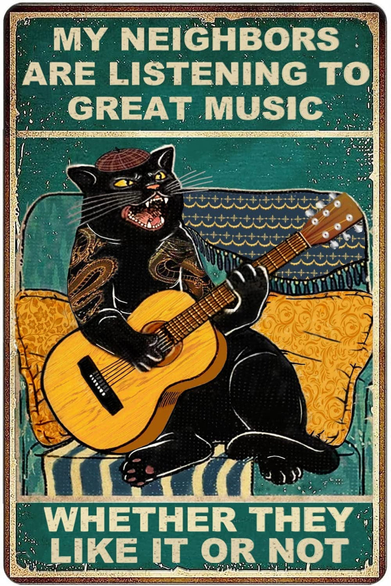 Retro Cat Coffee Metal Sign Vintage Kitchen Signs Wall Decor Because Murder Is Wrong Funny Tin Signs Bar Decorations Art Poster 8X12 Inch Home & Garden > Decor > Artwork > Posters, Prints, & Visual Artwork CONHUIDF CatGuitar  