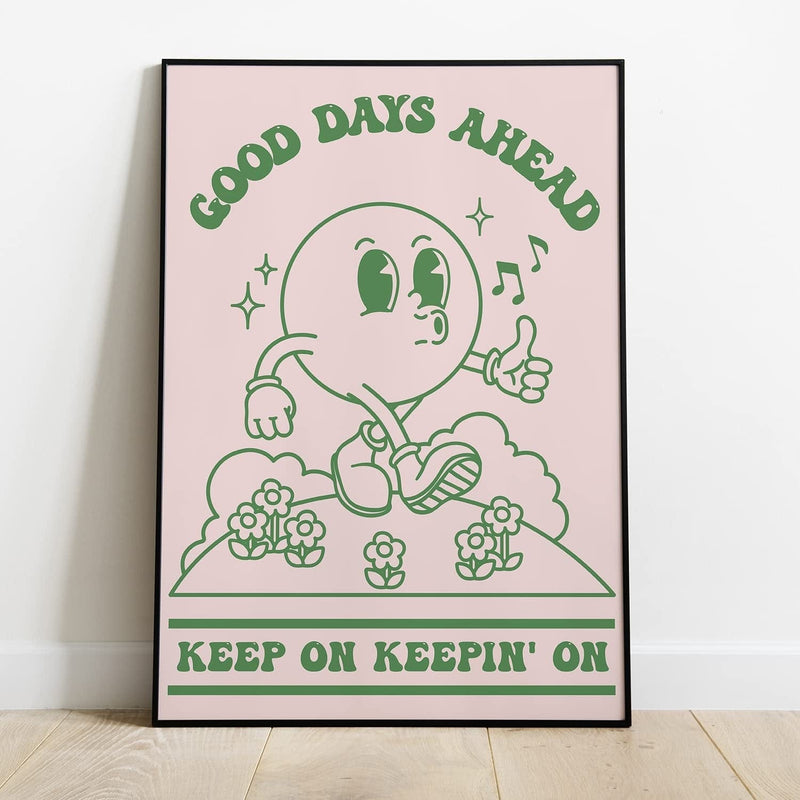 Retro Poster Wall Art Print, Retro Aesthetic Room Decor, Positive Quote Good Days Ahead Art Print, Pink Green Pastel Vintage Nostalgia Poster 12X16 Inches