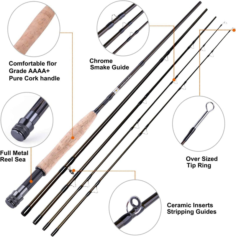 TOPFORT Fly Fishing Rod and Reel Combo Starter Kit, 4 Piece Lightweight Ultra-Portable Graphite Fly Rod Complete Starter Package with Carrier Bag