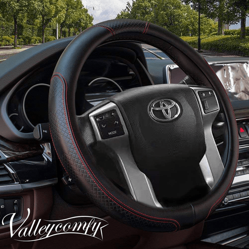 Valleycomfy 15.75 inch Auto Car White Leather Steering Wheel Covers- for F-150 Vehicles & Parts > Vehicle Parts & Accessories > Vehicle Maintenance, Care & Decor > Vehicle Decor > Vehicle Steering Wheel Covers Valleycomfy 04-Red L(15"1/2-16") 