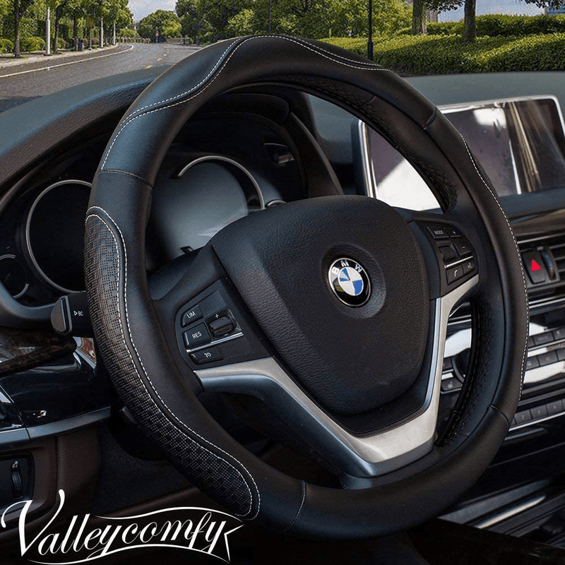 Valleycomfy 15.75 inch Auto Car White Leather Steering Wheel Covers- for F-150 Vehicles & Parts > Vehicle Parts & Accessories > Vehicle Maintenance, Care & Decor > Vehicle Decor > Vehicle Steering Wheel Covers Valleycomfy 04-White M(14"1/2-15"1/4) 