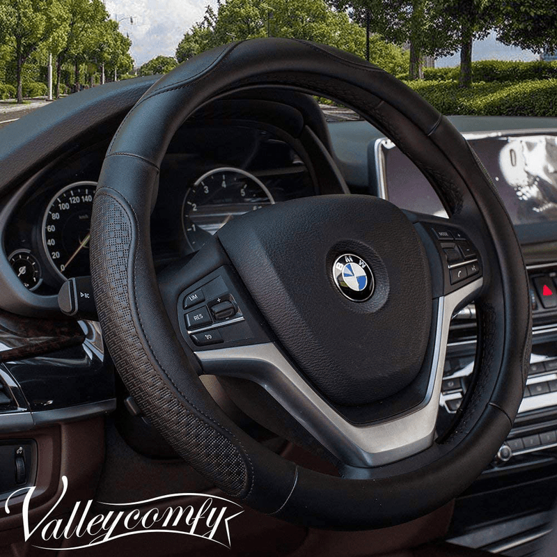 Valleycomfy 15.75 inch Auto Car White Leather Steering Wheel Covers- for F-150 Vehicles & Parts > Vehicle Parts & Accessories > Vehicle Maintenance, Care & Decor > Vehicle Decor > Vehicle Steering Wheel Covers Valleycomfy 04-Black M(14"1/2-15"1/4) 