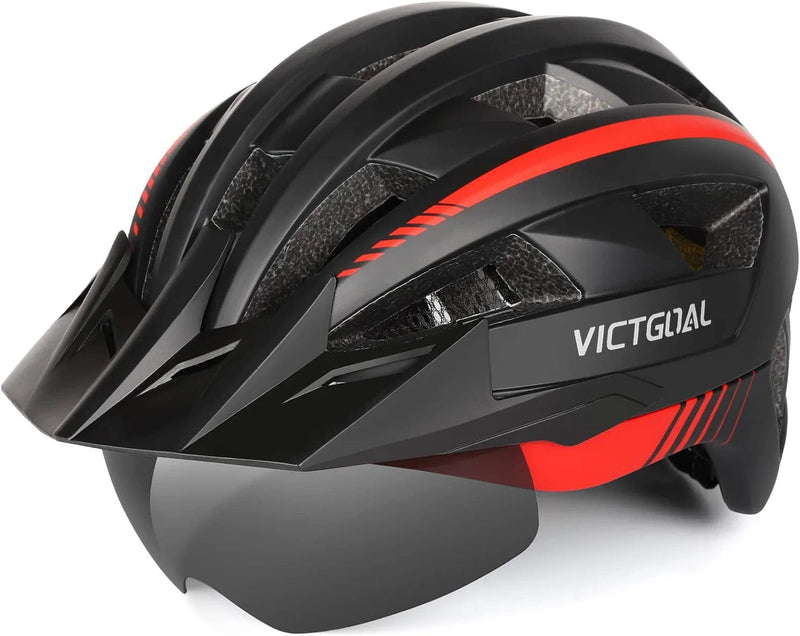 VICTGOAL Bike Helmet for Men Women with Led Light Detachable Magnetic Goggles Removable Sun Visor Mountain & Road Bicycle Helmets Adjustable Size Adult Cycling Helmets Sporting Goods > Outdoor Recreation > Cycling > Cycling Apparel & Accessories > Bicycle Helmets VICTGOAL Black Red M: 54-58 cm 