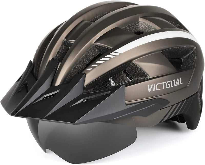 VICTGOAL Bike Helmet for Men Women with Led Light Detachable Magnetic Goggles Removable Sun Visor Mountain & Road Bicycle Helmets Adjustable Size Adult Cycling Helmets Sporting Goods > Outdoor Recreation > Cycling > Cycling Apparel & Accessories > Bicycle Helmets VICTGOAL Ti L: 57-61 cm 