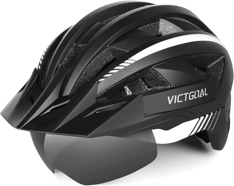VICTGOAL Bike Helmet for Men Women with Led Light Detachable Magnetic Goggles Removable Sun Visor Mountain & Road Bicycle Helmets Adjustable Size Adult Cycling Helmets Sporting Goods > Outdoor Recreation > Cycling > Cycling Apparel & Accessories > Bicycle Helmets VICTGOAL Black White L: 57-61 cm 