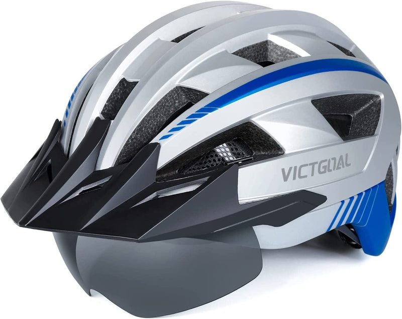 VICTGOAL Bike Helmet for Men Women with Led Light Detachable Magnetic Goggles Removable Sun Visor Mountain & Road Bicycle Helmets Adjustable Size Adult Cycling Helmets Sporting Goods > Outdoor Recreation > Cycling > Cycling Apparel & Accessories > Bicycle Helmets VICTGOAL Silver XL: 59-63 cm 