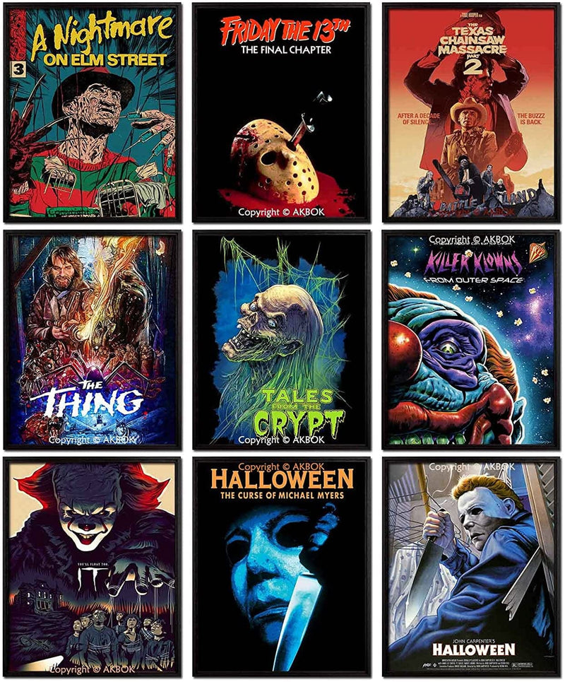 Vintage Horror Movie Posters Set - Classic Scary Movie Art Prints Horror Movie Character Wall Art Posters for Home Living Room Bedroom Man Cave Theater Decor - 9Pcs 8”X 10” Unframed Home & Garden > Decor > Artwork > Posters, Prints, & Visual Artwork AKBOK   