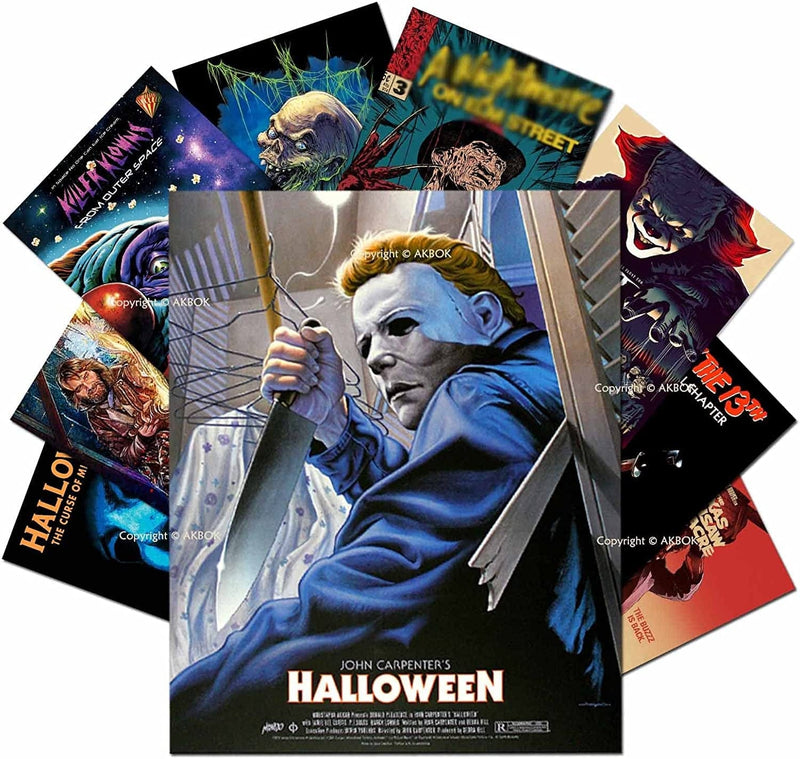 Vintage Horror Movie Posters Set - Classic Scary Movie Art Prints Horror Movie Character Wall Art Posters for Home Living Room Bedroom Man Cave Theater Decor - 9Pcs 8”X 10” Unframed Home & Garden > Decor > Artwork > Posters, Prints, & Visual Artwork AKBOK Horror movie - 2  