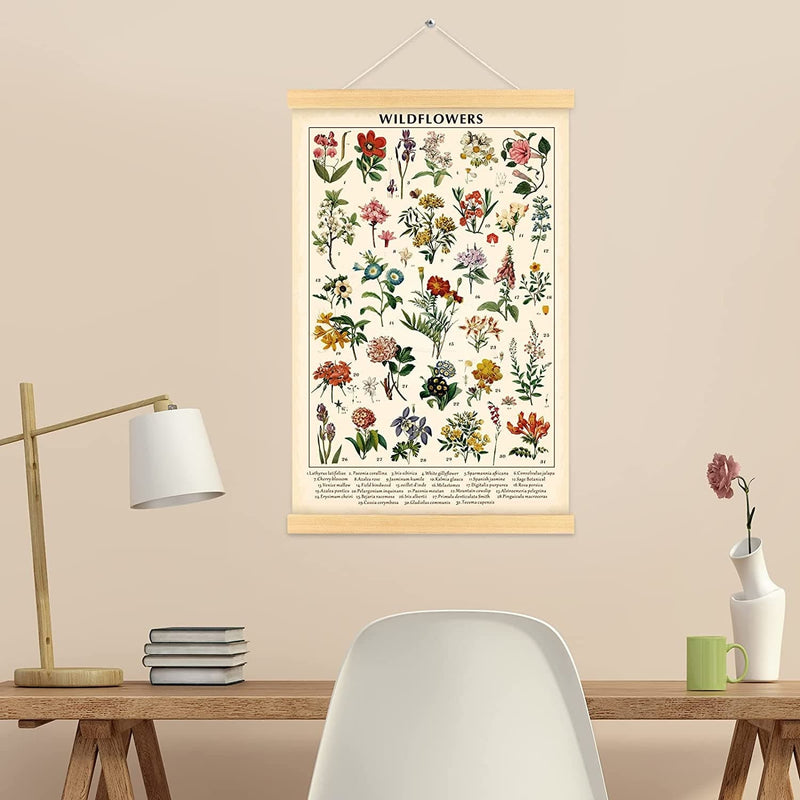Vintage Wildflowers Poster Botanical Wall Art Prints Colorful Rustic Style of Floral Wall Hanging Illustrative Reference Flower Chart Poster for Living Room Office Bedroom Decor Frame 15.7 X 23.6 Inch