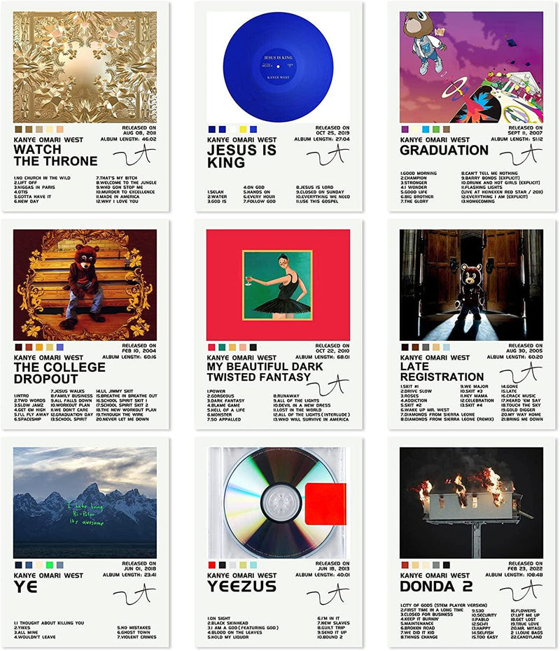 Viscous Kanye West Album Cover Signed Limited Poster Set 9 Pieces 8X10 Inch Frameless Canvas Printed Rapper Music Poster Wall Art Room Aesthetics Perfect for Teen & Girls Dorm Decor…