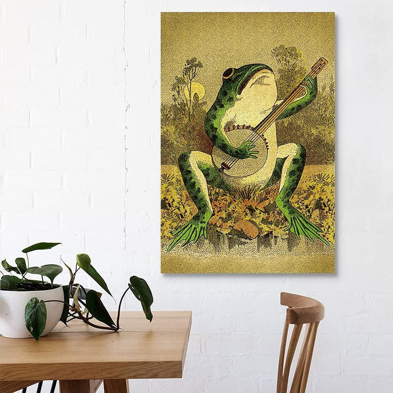 Walldeer Art Banjo Frog Poster Vintage Animal in the Moonlight Wall Art Canvas Painting Creativity Prints Picture for Living Room (Frog Playing Banjo,16X24Inch-Unframe) Home & Garden > Decor > Artwork > Posters, Prints, & Visual Artwork WallDeer Art   