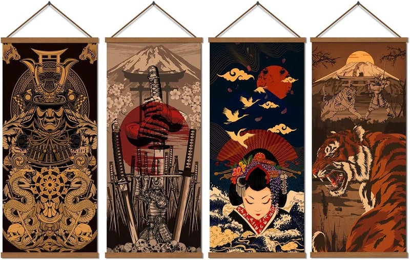 WEROUTE 4 Piece Japanese Warrior Canvas Samurai Wall Art Print Poster Artwork Home Decorations with Frame Ready to Hang Decorative 16”X35”
