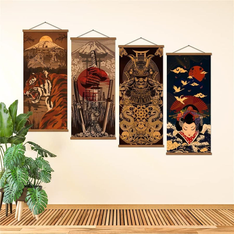 WEROUTE 4 Piece Japanese Warrior Canvas Samurai Wall Art Print Poster Artwork Home Decorations with Frame Ready to Hang Decorative 16”X35”